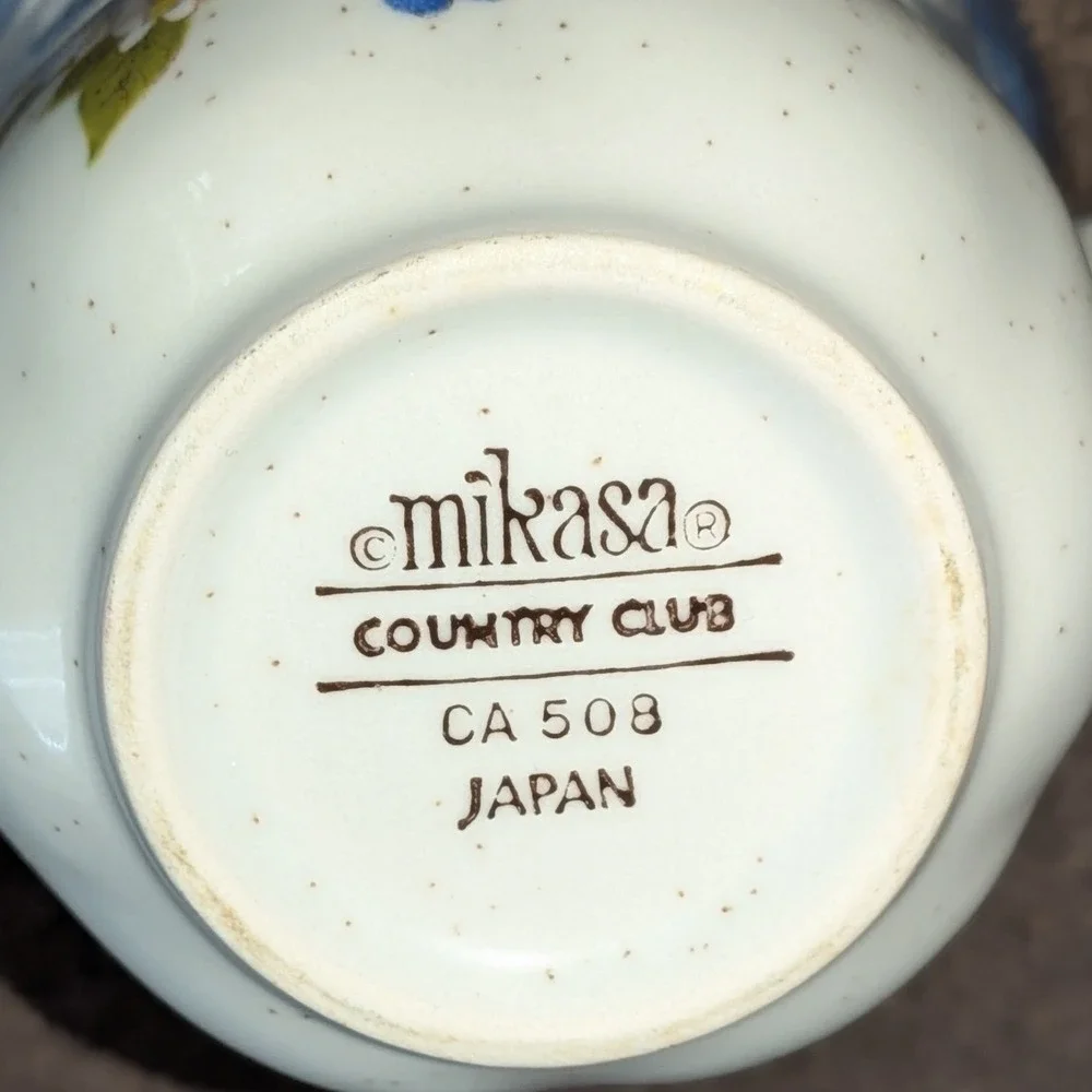 Mikasa Country Club CA 508 Floral Stoneware Teacup and Saucer Set Japan Blue Rim